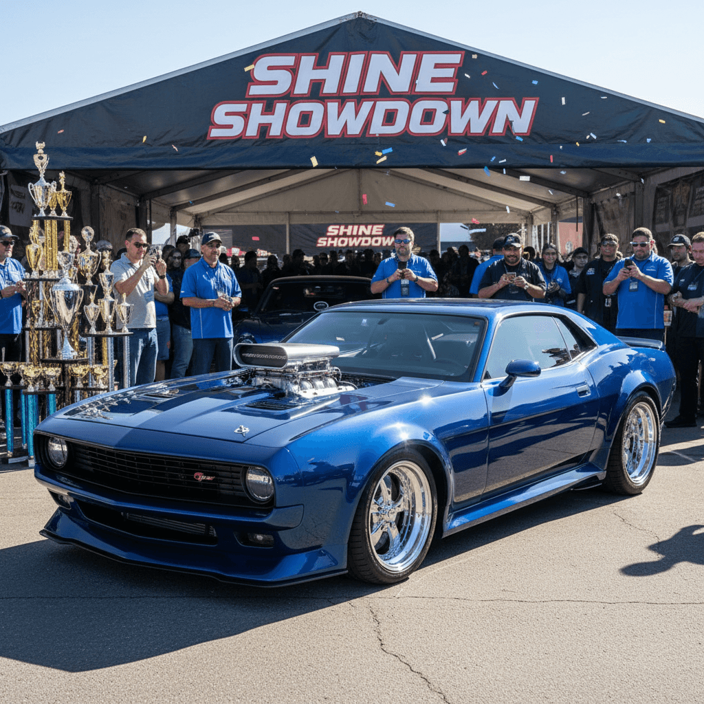 High-performance car at Shine Showdown competition with trophies and spectators