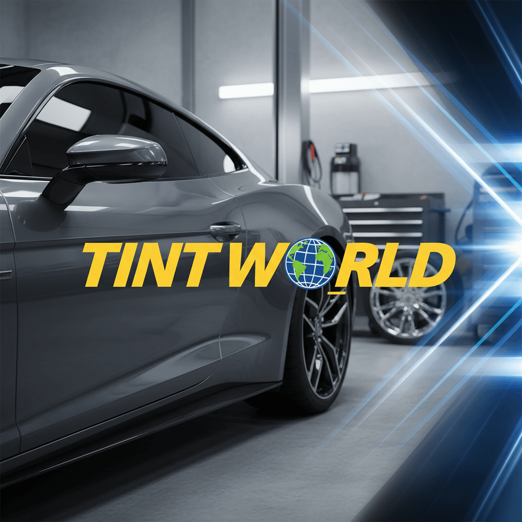 Tint World logo in bold yellow italicized letters with a globe replacing the letter O.