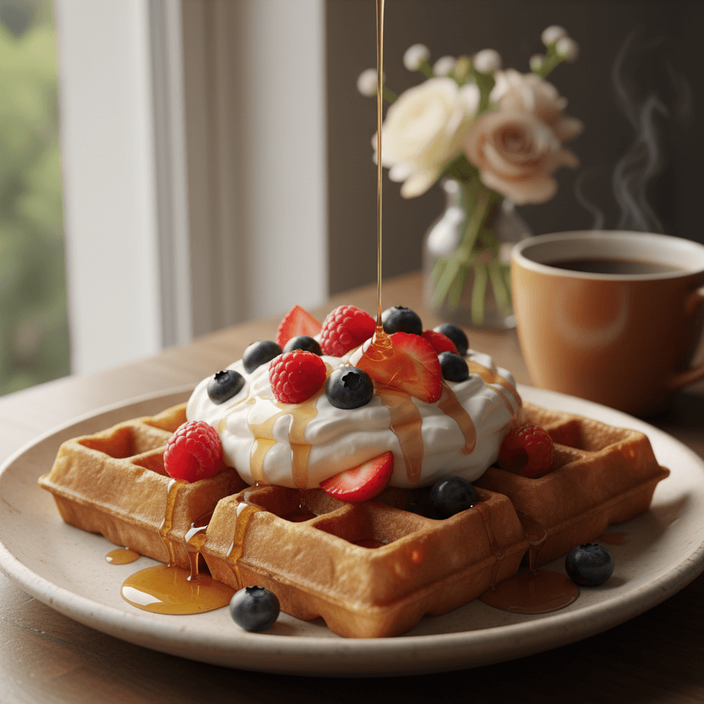 Gourmet Belgian waffle with whipped cream and fresh berries, served with specialty coffee in warm natural light