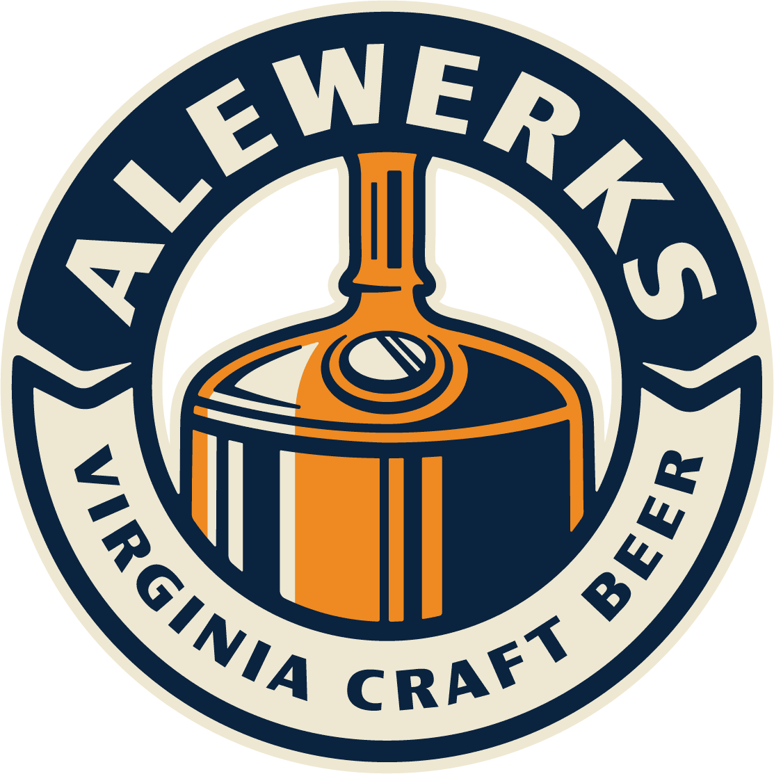 Alewerks Virginia Craft Beer logo featuring an orange brewing kettle inside a navy blue circle.