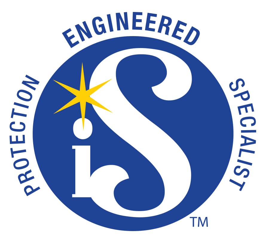 Blue circular logo with white S and i, yellow star, and text Engineered Protection Specialist.