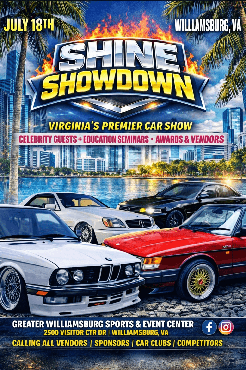 Shine Showdown car show poster featuring modified cars and city skyline in Williamsburg, Virginia.